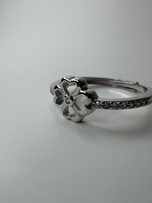 Flower Heart Adjustable Silver Ring