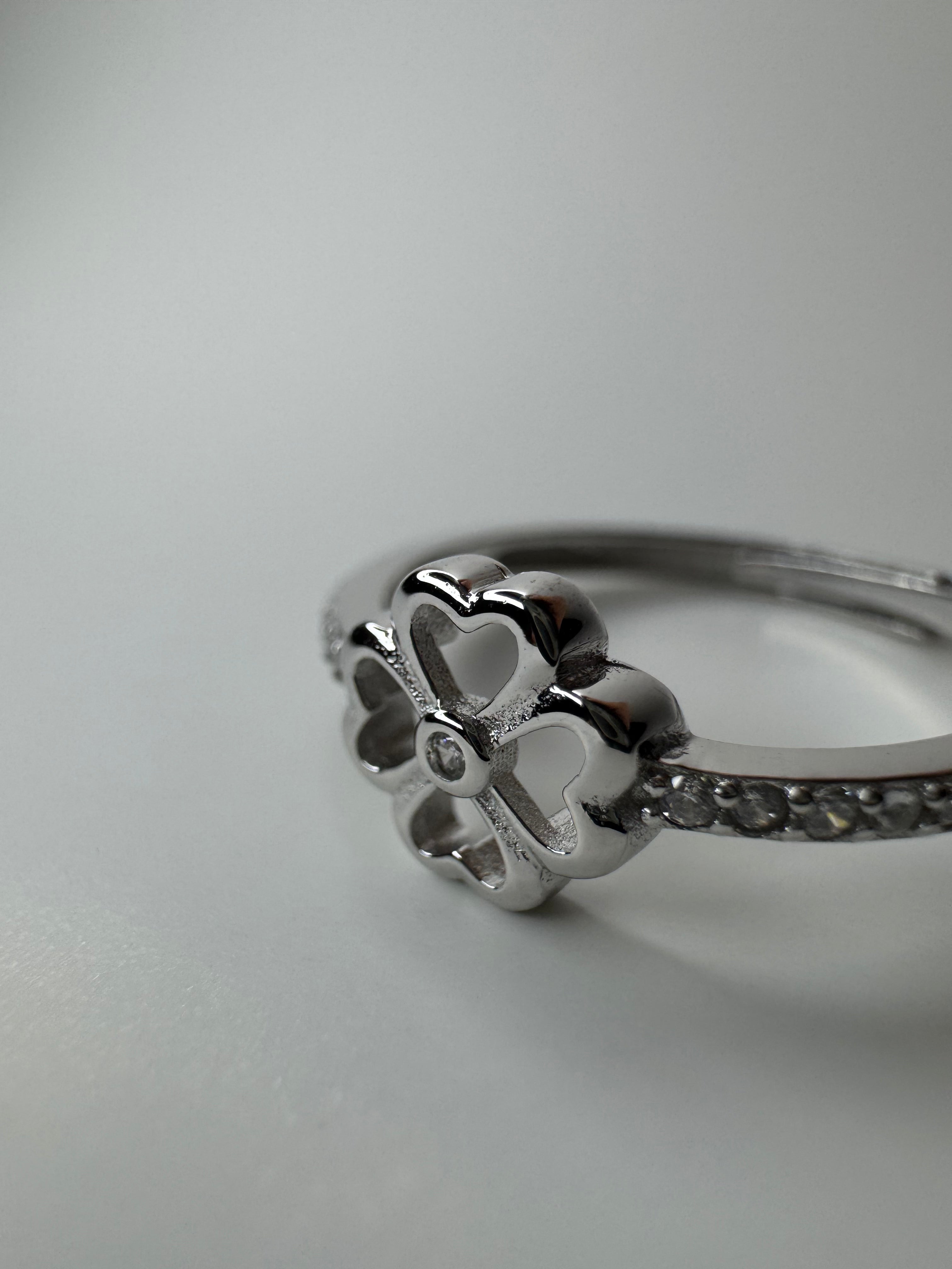 Flower Heart Adjustable Silver Ring