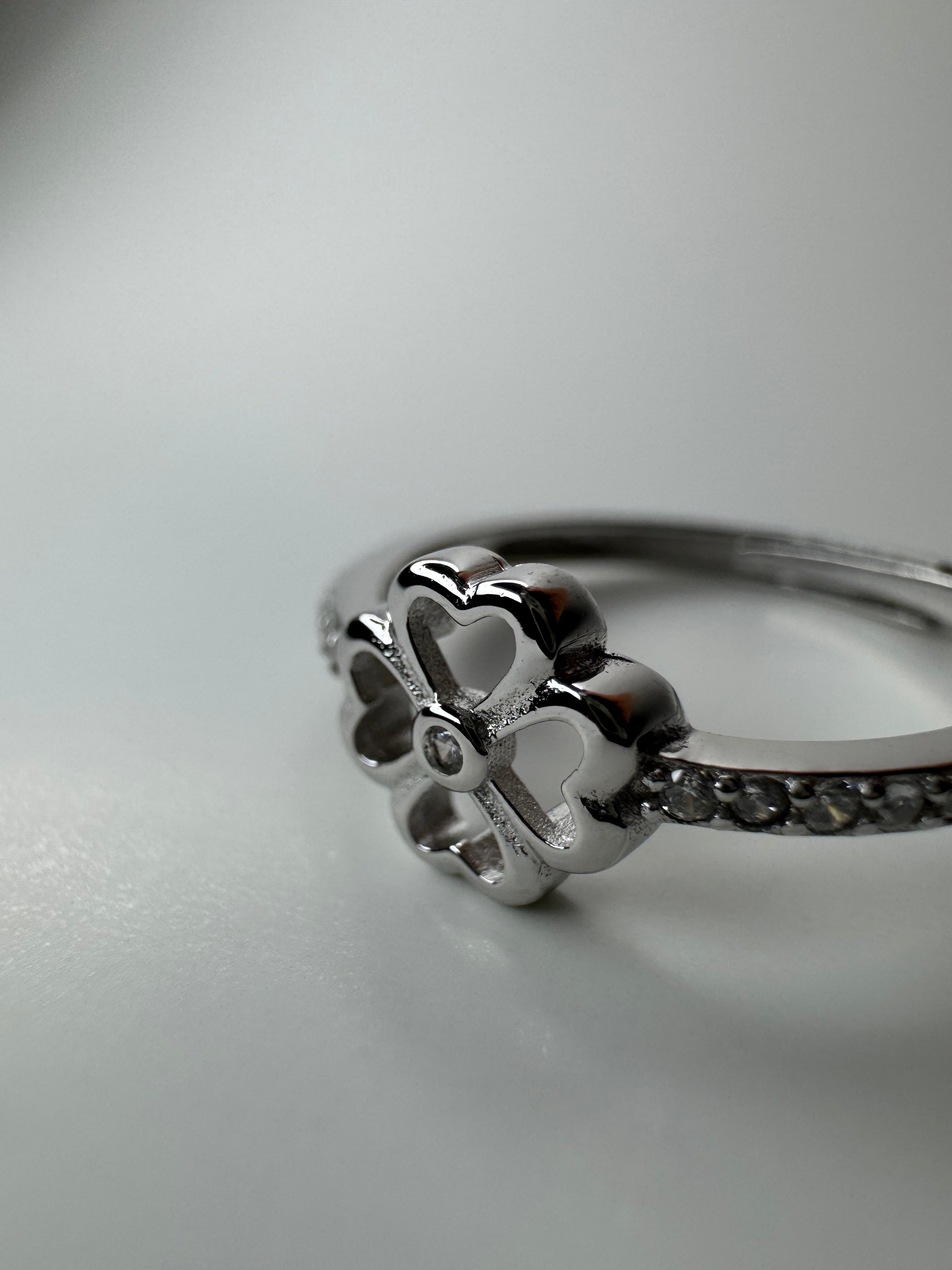 Flower Heart Adjustable Silver Ring