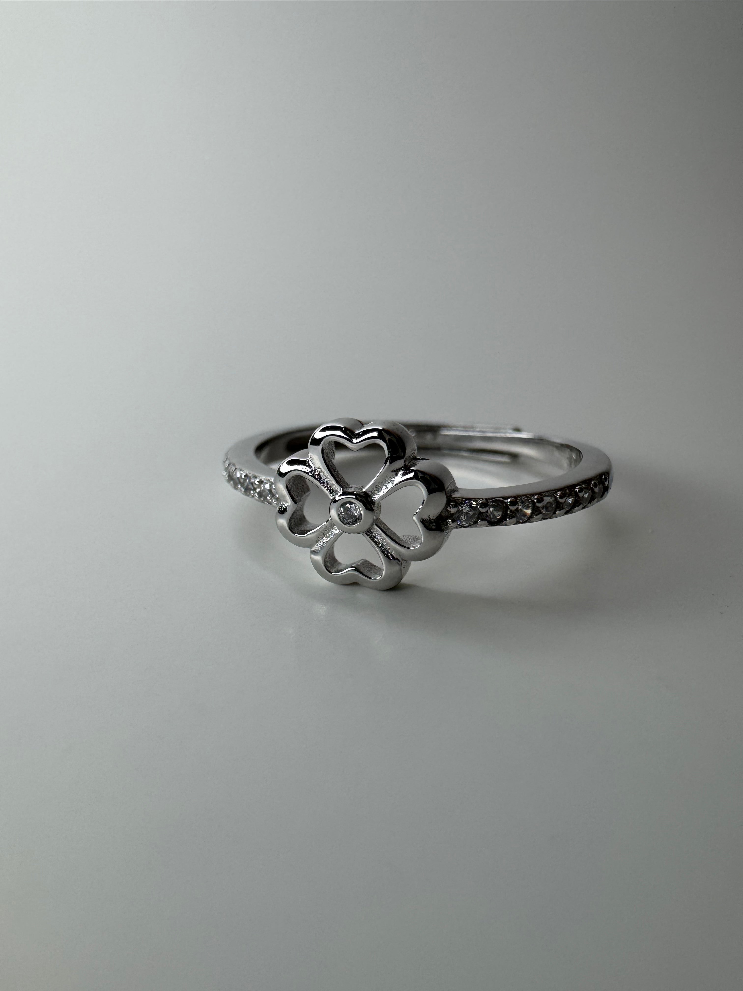 Flower Heart Adjustable Silver Ring