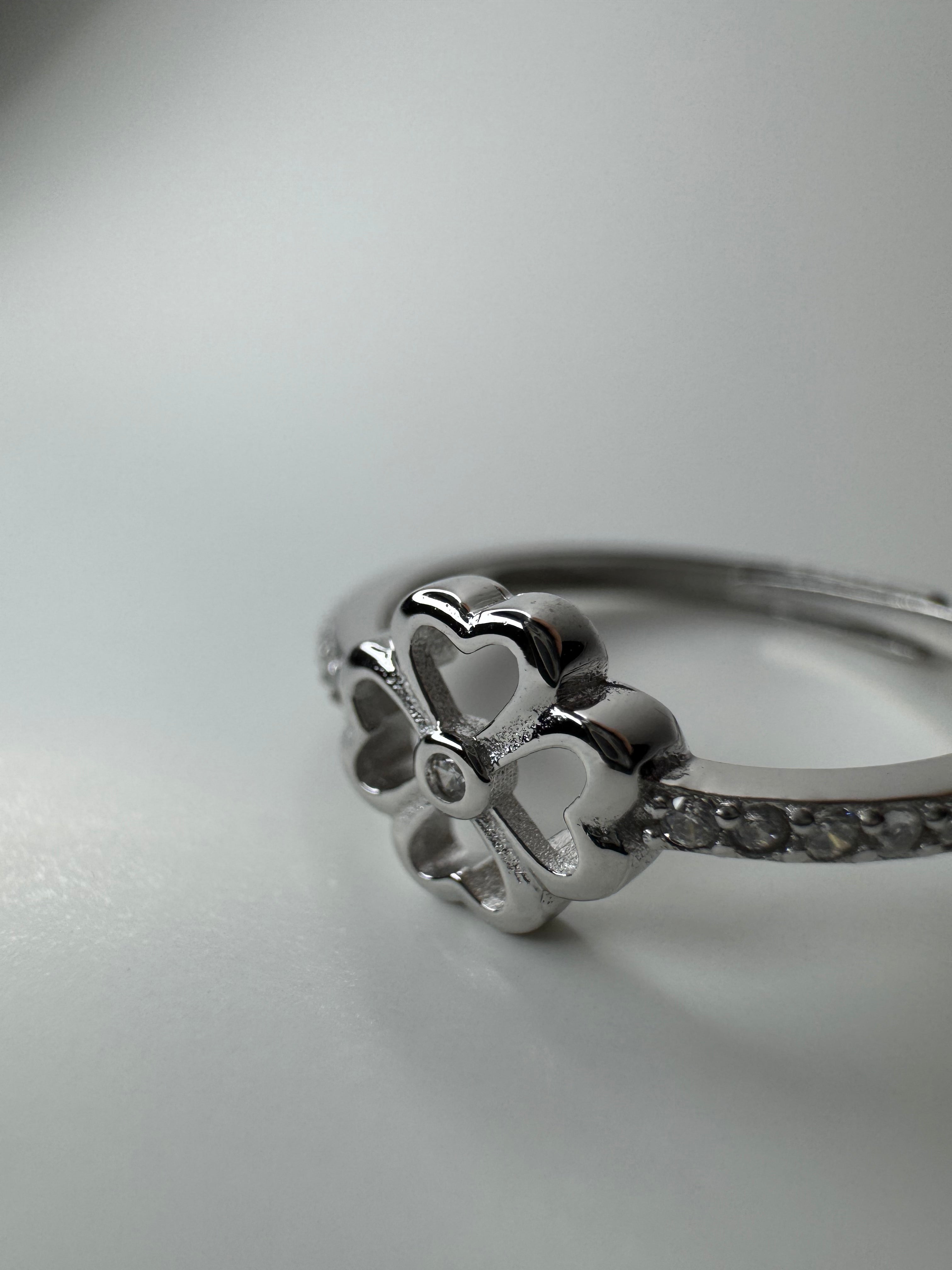 Flower Heart Adjustable Silver Ring